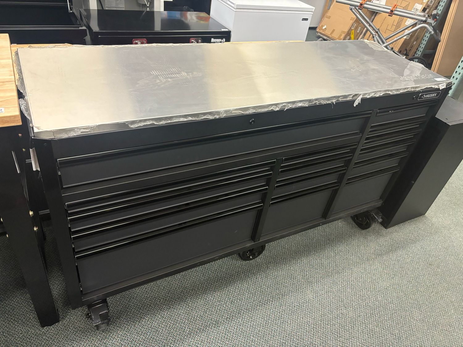 Husky 72 in. W x 24 in. D Heavy Duty 15-Drawer Toolbox Mobile Workbench Cabinet Chest with Stainless Steel Top in Matte Black H72MWC15DL