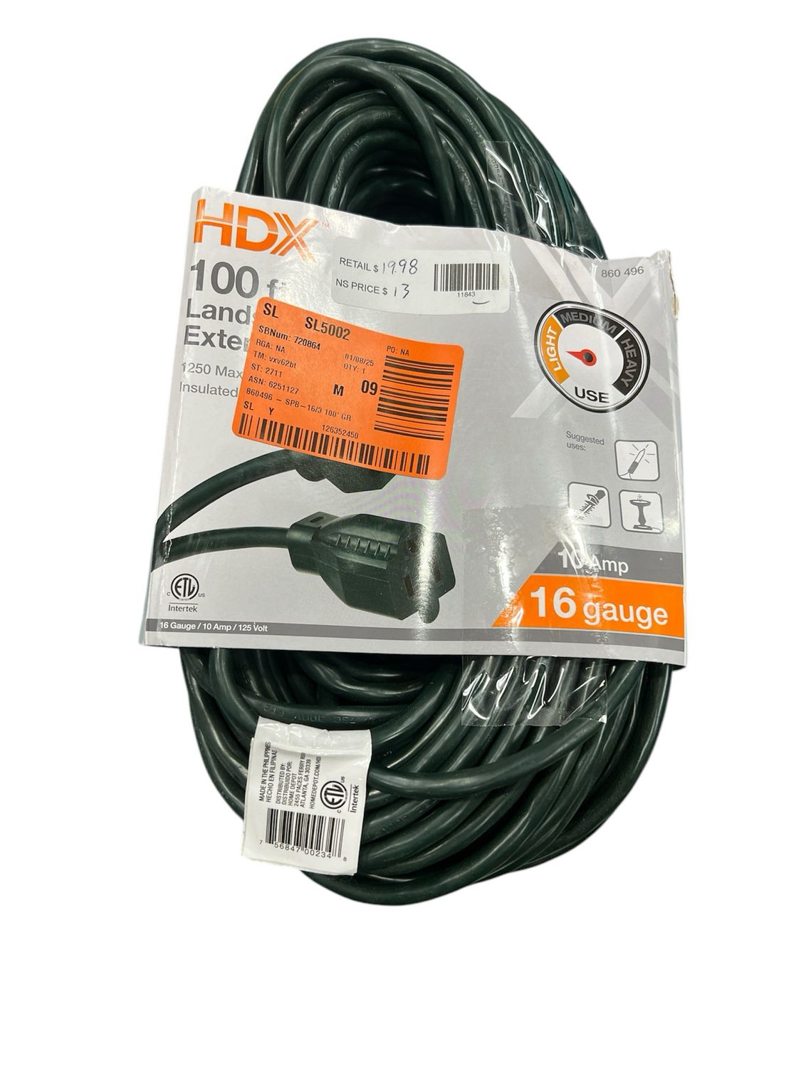 HDX 100 ft. 16/3 Indoor/Outdoor Extension Cord, Green AW62665