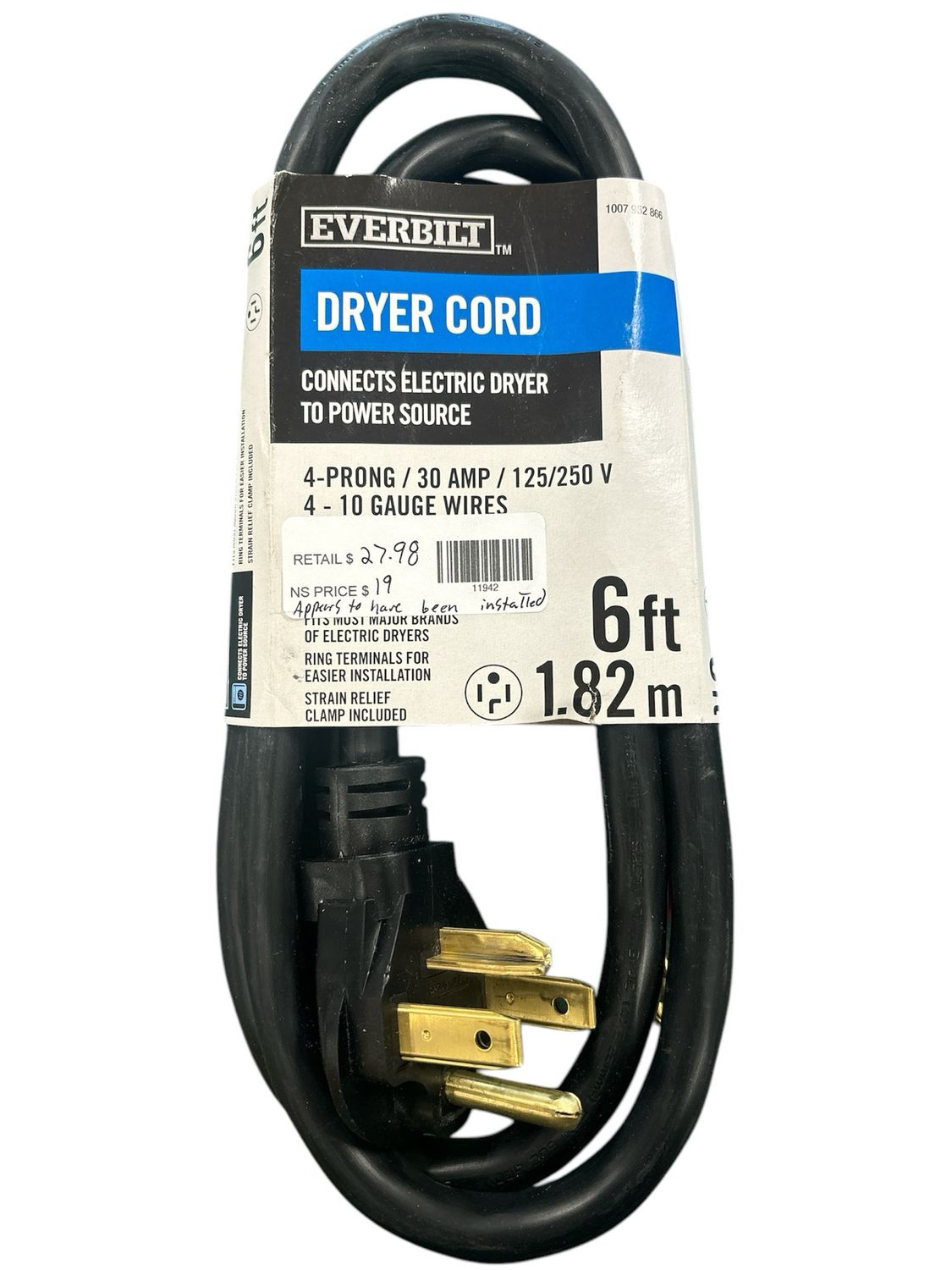 Everbilt 6 ft. 30 Amp Dryer Cord 4-Prong EB09X10020
