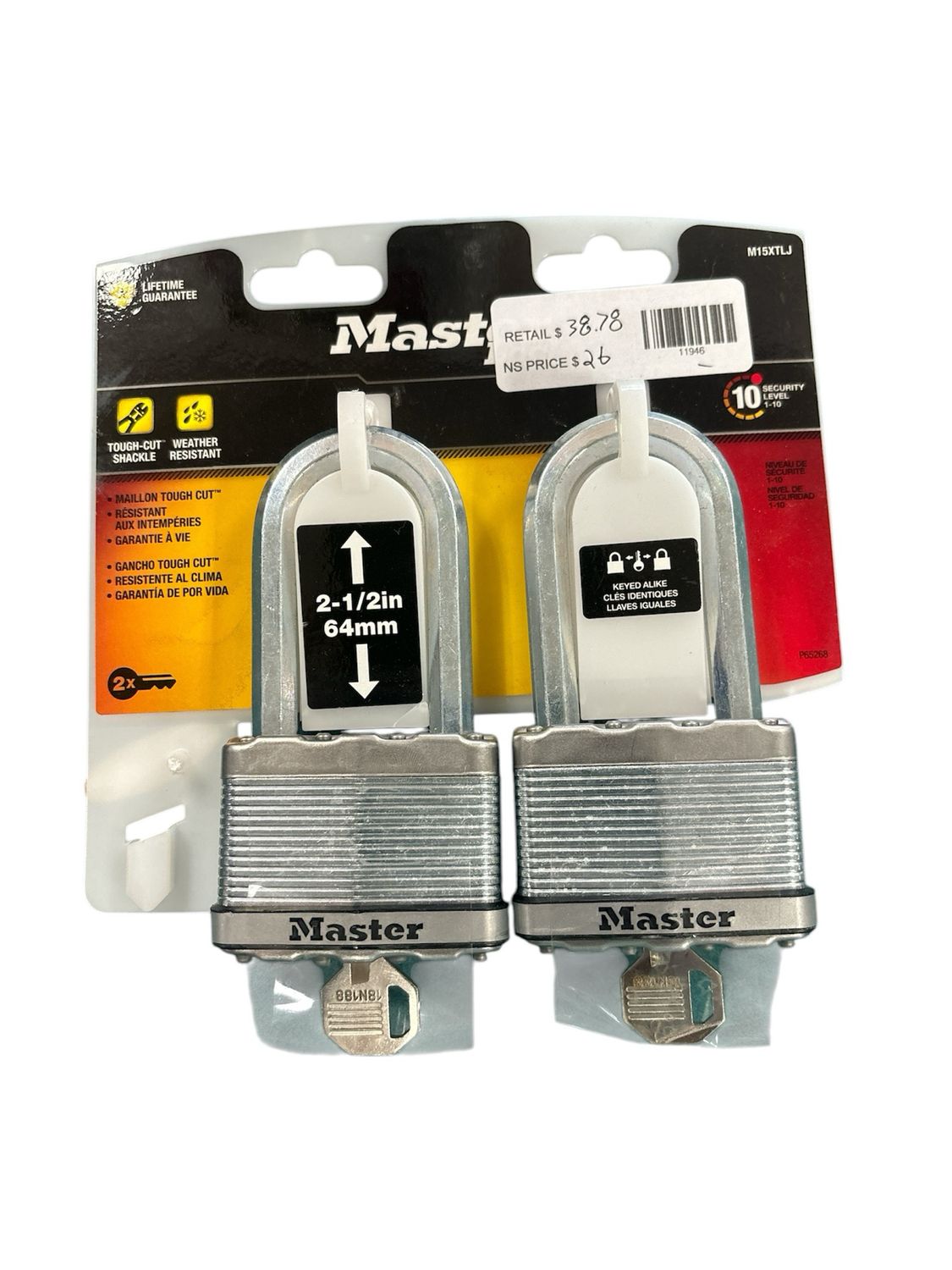 Master Lock Heavy Duty Outdoor Padlock with Key, 2-1/2 in. Wide, 2-1/2 in. Shackle, 2 Pack M15XTLJ