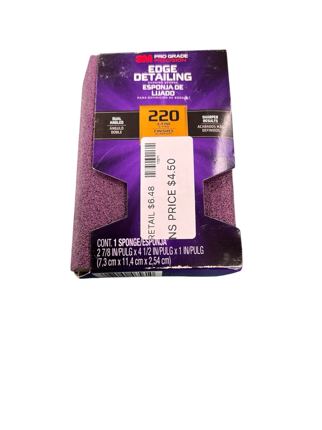 3M Pro Grade Precision 2-7/8 in. x 4-1/2 in. x 1 in. 220-Grit Fine Dual Angle Edge Detailing Sanding Sponge New