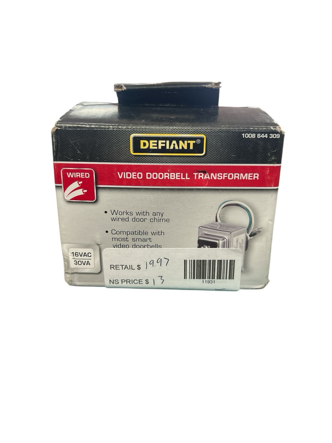Defiant Wired 16VAC/30VA Doorbell Transformer, Compatible with Most Video Doorbells 18000044