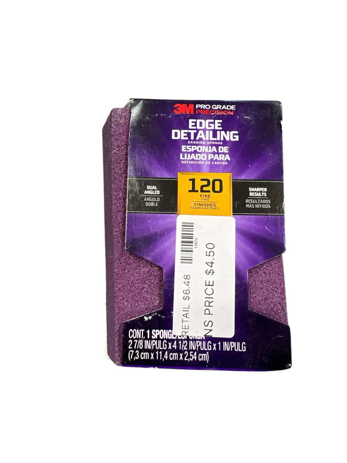 3M Pro Grade Precision 2-7/8 in. x 4-1/2 in. x 1 in. 120-Grit Fine Dual Angle Edge Detailing Sanding Sponge 24301PGP-F-DA New