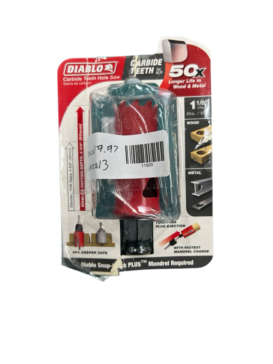 DIABLO 1-1/8 in. Carbide Hole Saw with 2-3/8 in. Cutting Depth DHS1125CT New