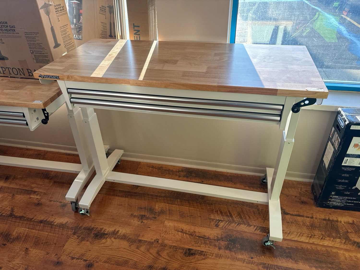 Husky 52 in. W x 24 in. D 2-Drawer Adjustable Height White Workbench Table with Solid Wood Top HOLT5202B12 New