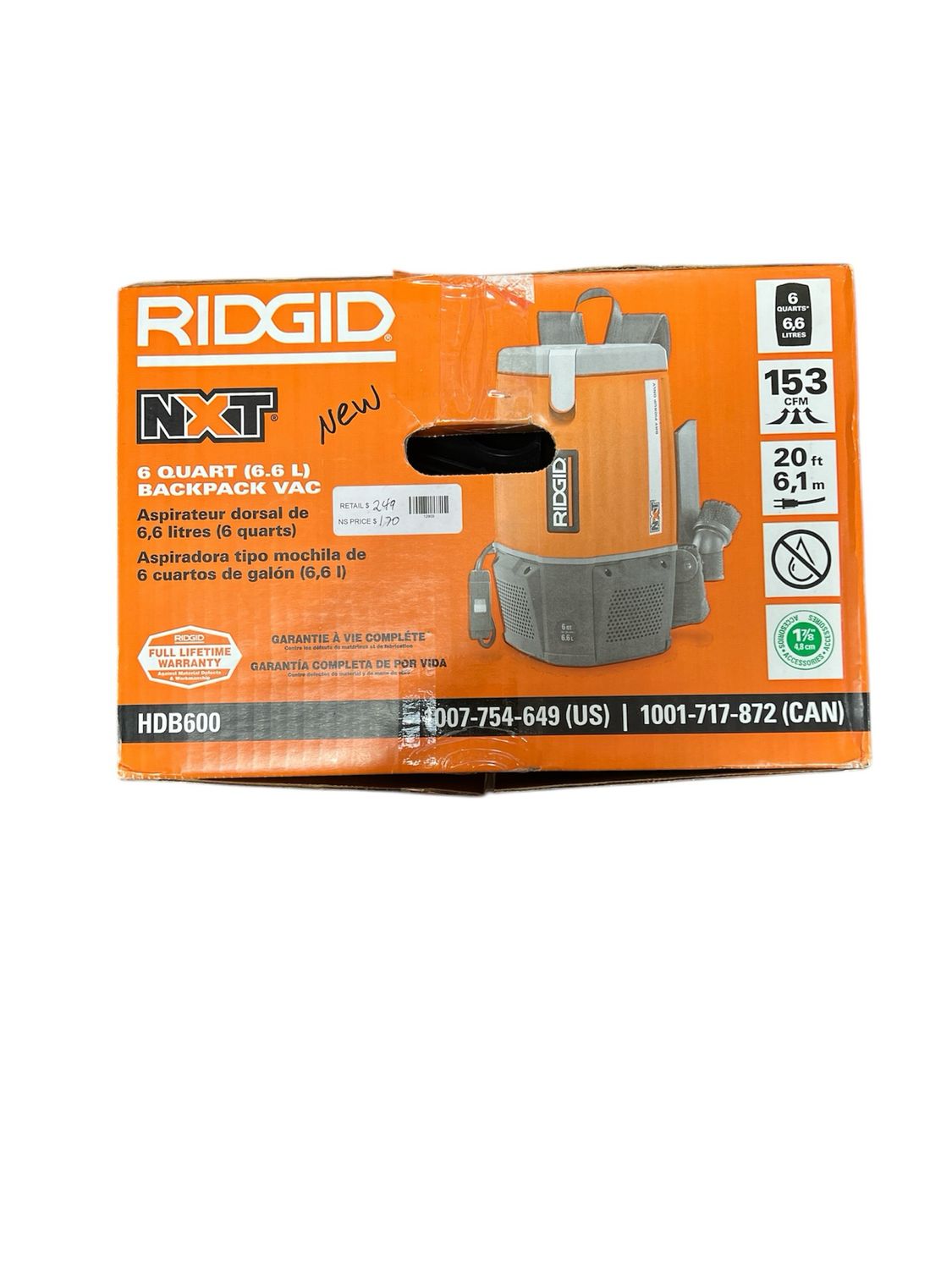 RIDGID 6 Qt. (1.5 Gal.) NXT Backpack Vacuum Cleaner with Filters and Locking Shop Vacuum Attachments for Dry Applications HDB600 New