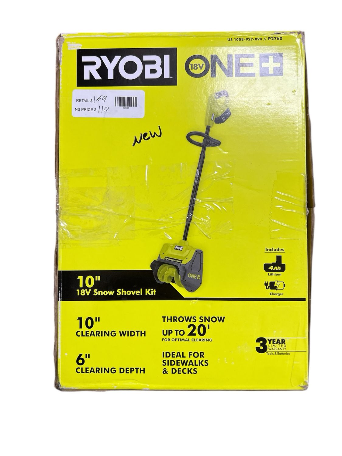 RYOBI ONE+ 18V 10 in. Cordless Electric Snow Shovel with 4.0 Ah Battery and Charger P2760 New