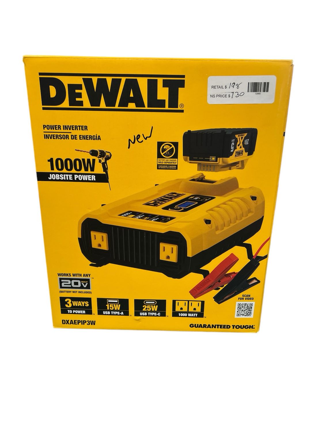 DEWALT 3-Way 1000-Watt Power Inverter Compatible with 20-Volt XR 5 AH Lithium-Ion Battery (Not Included) DXAEPIP3W New.