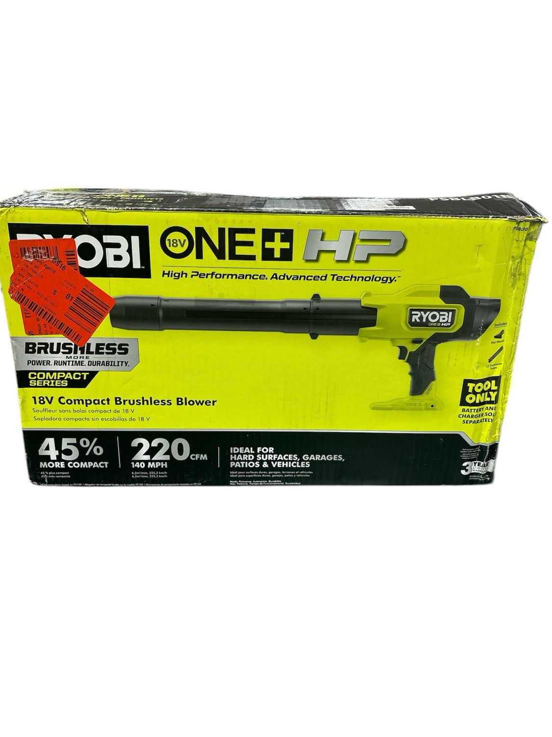 RYOBI ONE+ HP 18V Brushless Cordless 220 CFM 140 MPH Compact Blower (Tool-Only) PSBLB01B .