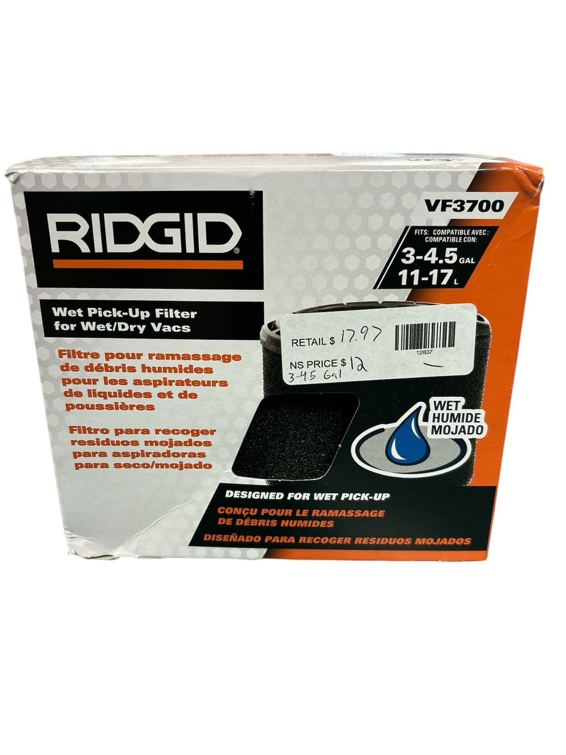 RIDGID Wet Debris Application, Foam Wet Dry Vac Shop Vacuum Filter for Most 3-4.5 Gallon RIDGID Shop Vacuums (1-Pack) VF3700