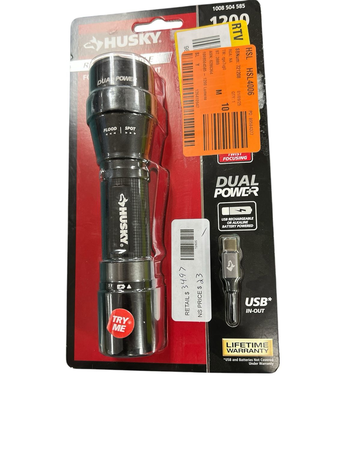 Husky 1200 Lumens Dual Power LED Rechargeable Focusing Flashlight with Rechargeable Battery and USB-C Cable Included HSKY1200DPFL