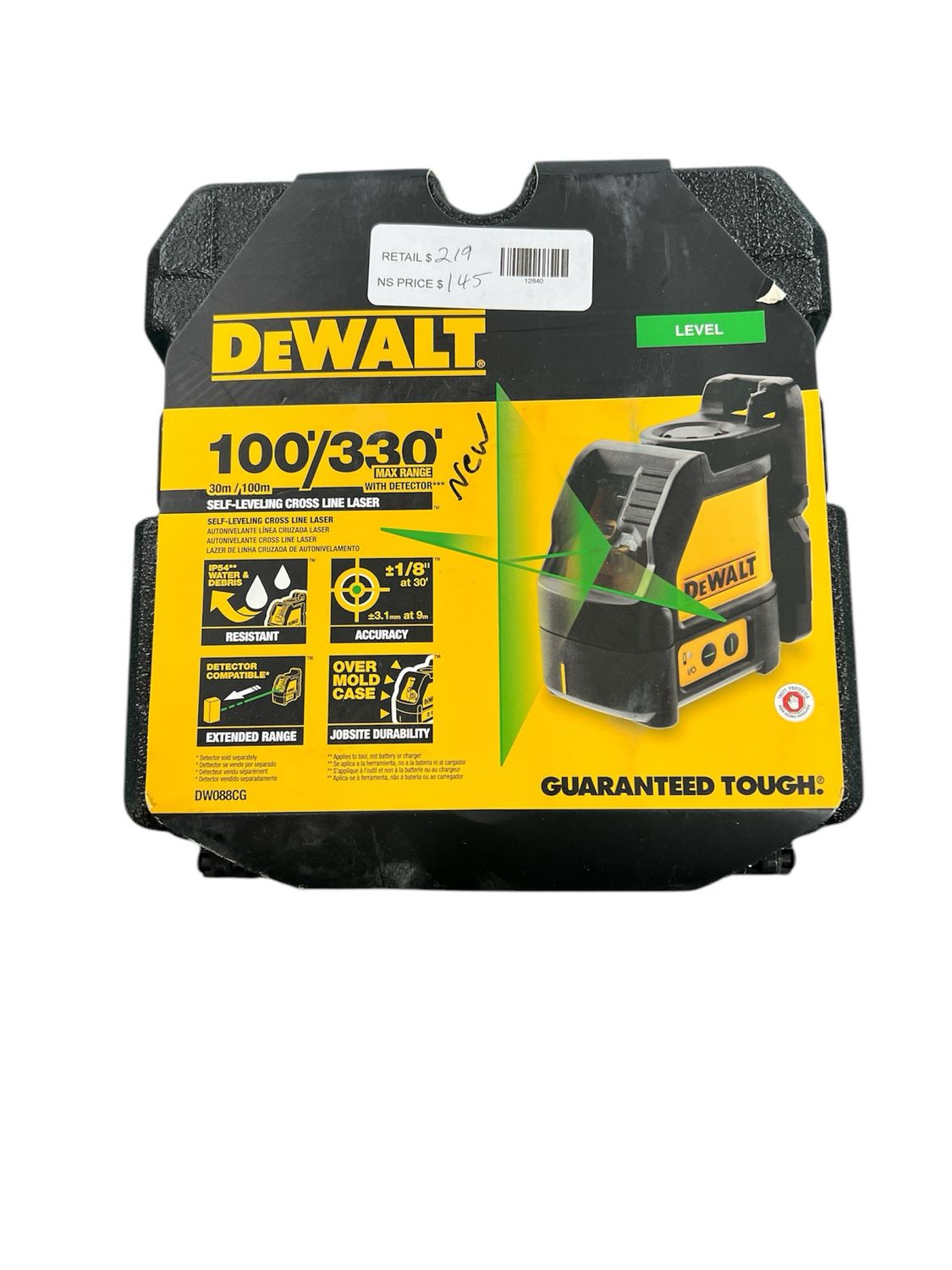 DEWALT 100 ft. Green Self-Leveling Cross Line Laser Level with (3) AA Batteries &amp; Case DW088CG New