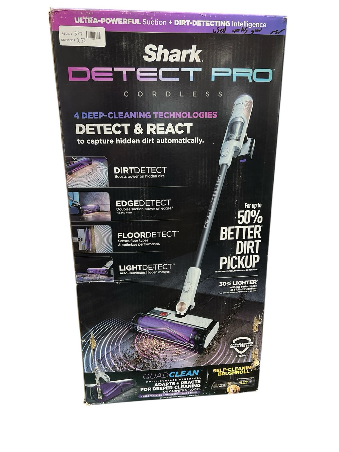 Shark Detect Pro Bagless Cordless HEPA Portable Stick Vacuum Cleaner with QuadClean Multi-Surface Brushroll in Dark Grey IW1111 Used