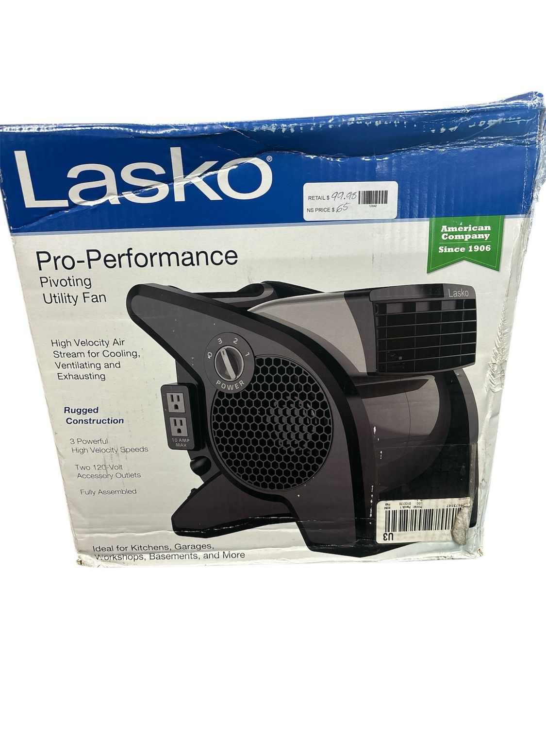 Lasko 11.2 in. 3 Speeds Blower Fan in Gray with Carry Handle, Circuit Breaker, Power Outlets, High Velocity Utility Pivoting U15610 Light Used