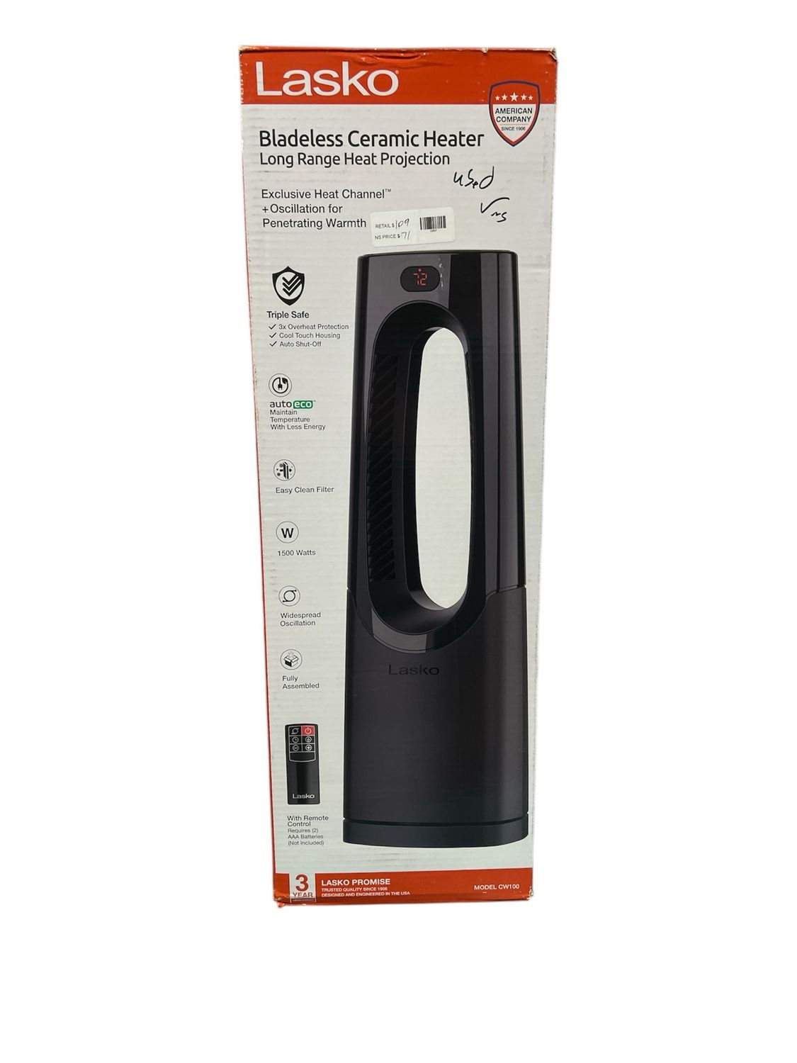 Lasko Bladeless 1500W 28 in. Black Electric Oscillating Tower Ceramic Space Heater with Remote Control and Digital Display CW100 Used