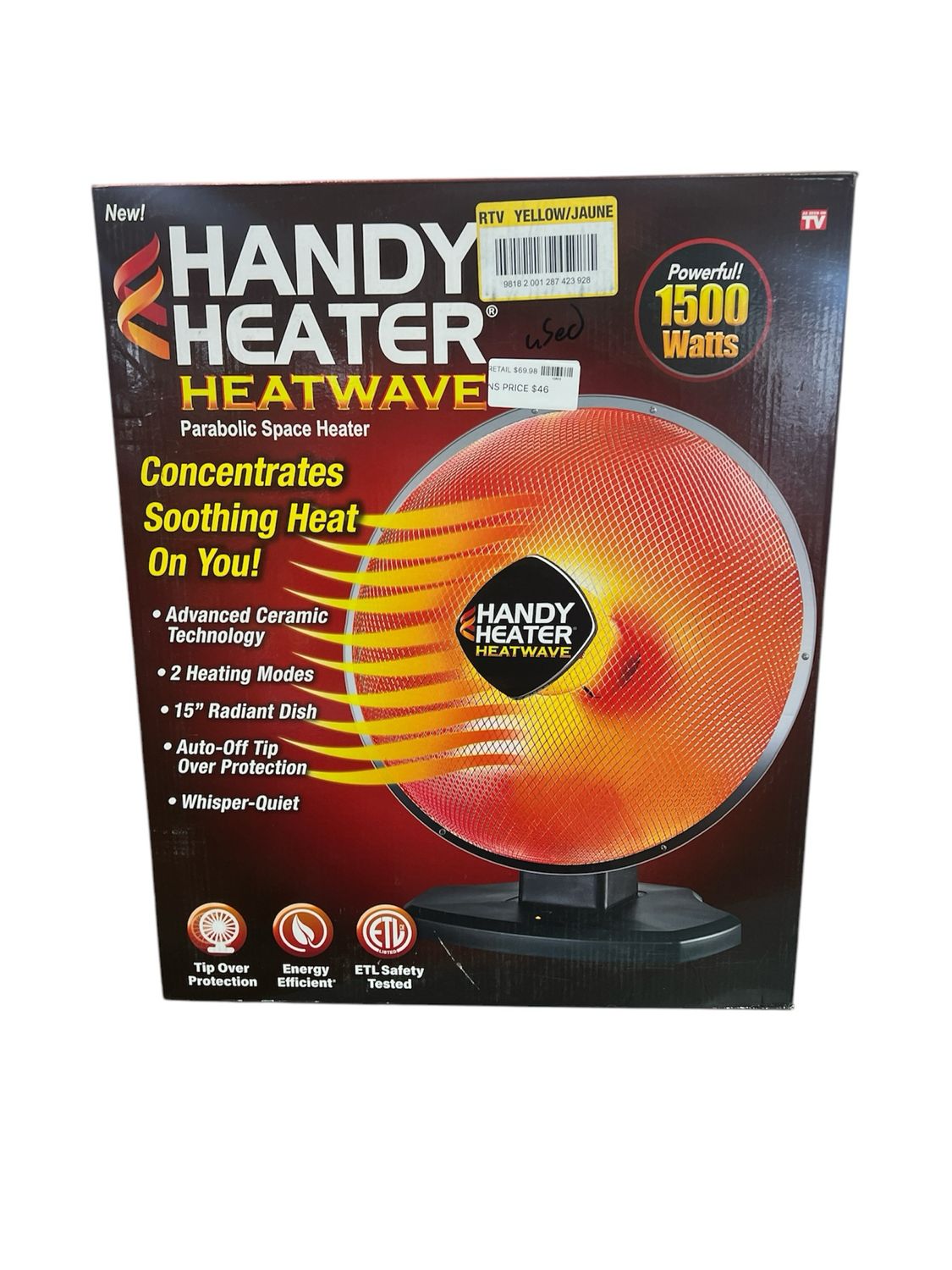 Handy Heater 1500-Watt 18.5 in. Electric Ceramic Parabolic Space Heater with Tip-Over Safety HEATPN-MC1 Used
