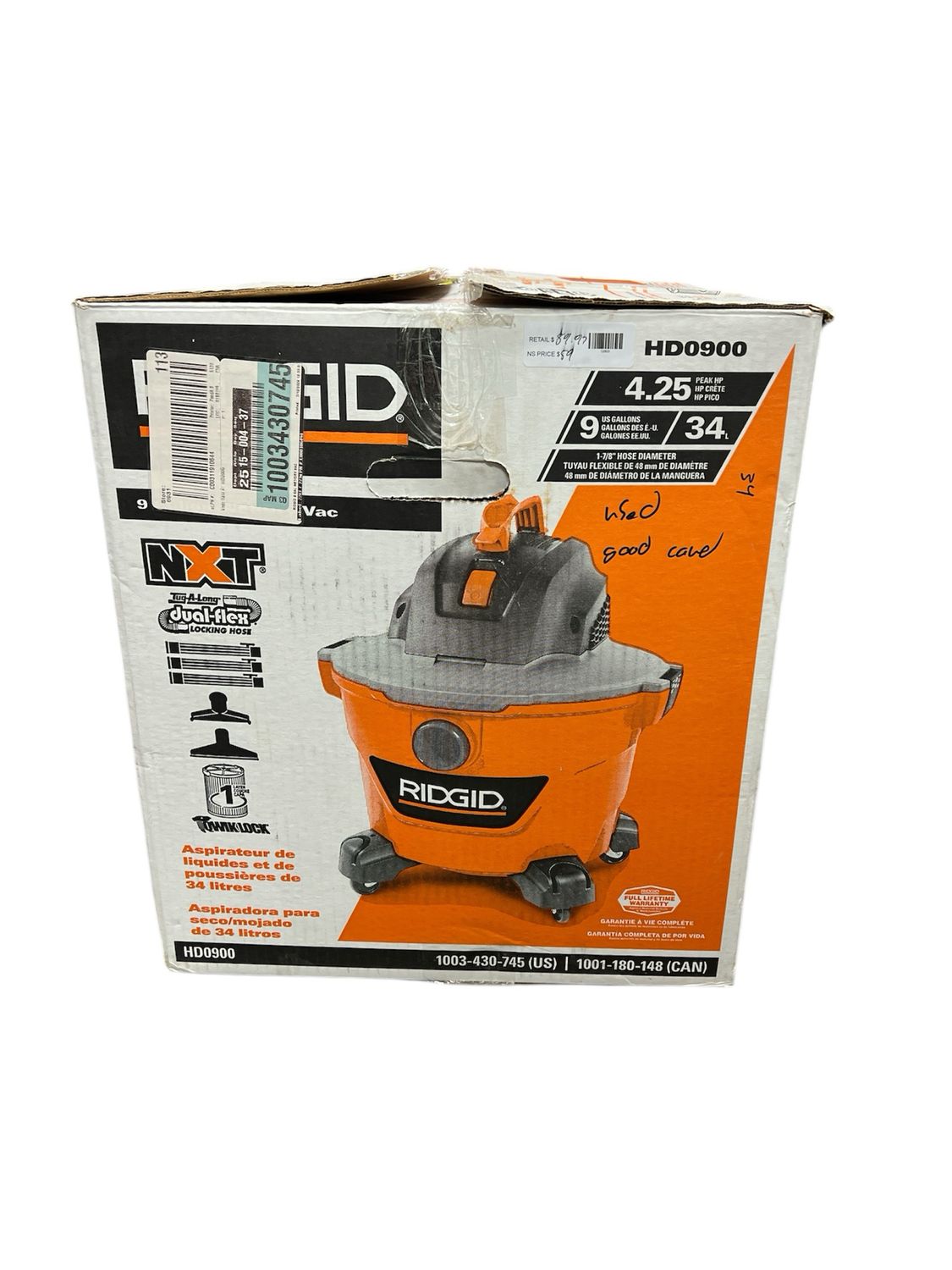 RIDGID 9 Gallon 4.25 Peak HP NXT Shop Vacuum Wet Dry Vac with General Debris Filter, Locking Hose and Accessory Attachments HD09001 Used