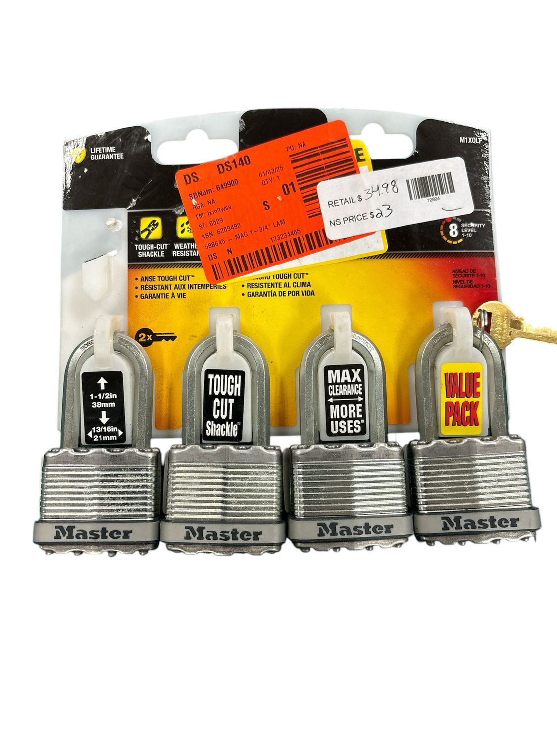 Master Lock Heavy Duty Outdoor Padlock with Key, 1-3/4 in. Wide, 1-1/2 in. Shackle, 4 Pack M1XQLFCCSEN