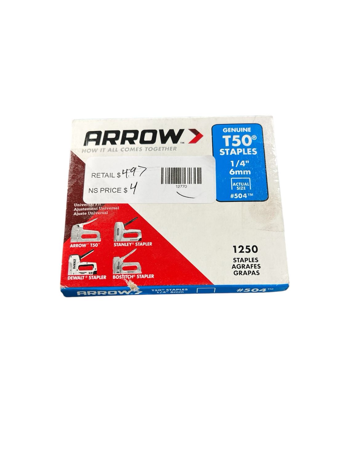 Arrow T50 1/4 in. Leg x 3/8 in. 504 Galvanized, Medium Crown, Divergent Point, 20-Gauge, Heavy-Duty Steel Staples (1,250-Pack) 504