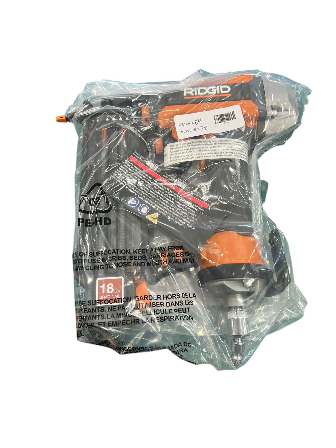 RIDGID Pneumatic 18-Gauge 2-1/8 in. Brad Nailer with CLEAN DRIVE Technology, and Tool Bag R213BNF New