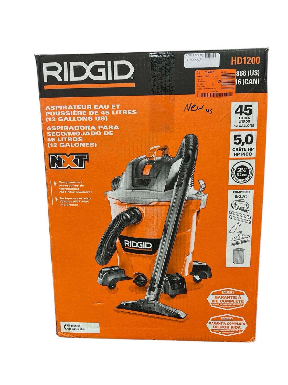 RIDGID 12 Gallon 5.0 Peak HP NXT Shop Vacuum Wet Dry Vac with General Debris Filter, Locking Hose and Accessory Attachments HD1200