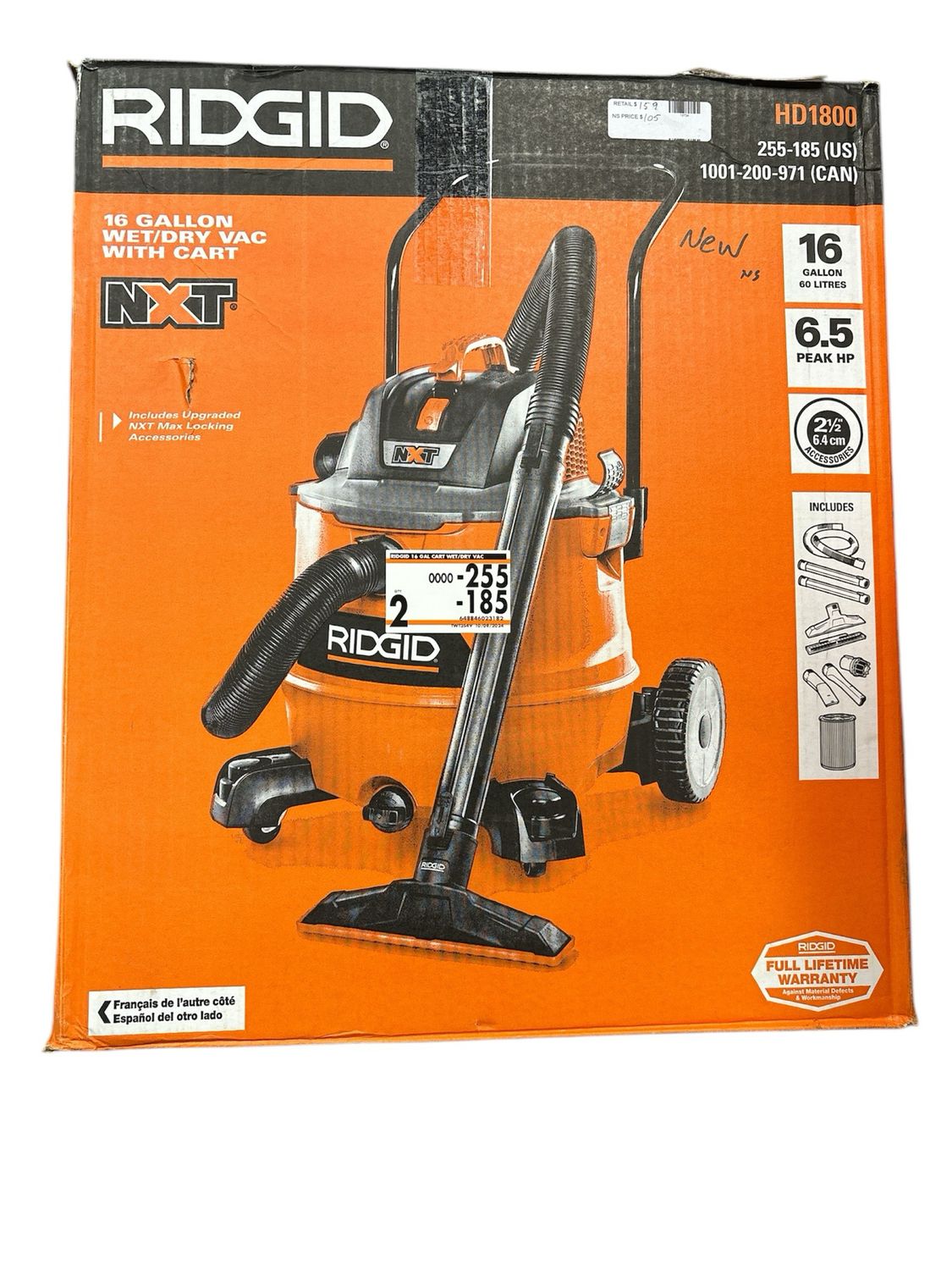 RIDGID 16 Gallon 6.5 Peak HP NXT Shop Vacuum Wet Dry Vac with Cart, Fine Dust Filter, Locking Hose and Accessory Attachments HD1800 New