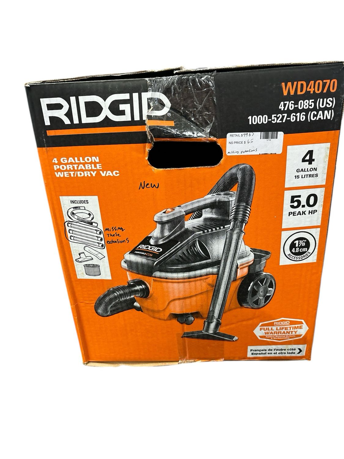 RIDGID 4 Gallon 5.0 Peak HP Portable Shop Vacuum Wet Dry Vac with Fine Dust Filter, Locking Hose and Accessory Attachments WD4070