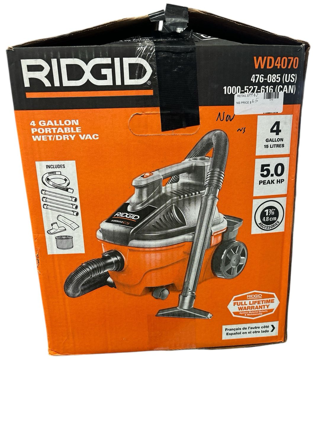 RIDGID 4 Gallon 5.0 Peak HP Portable Shop Vacuum Wet Dry Vac with Fine Dust Filter, Locking Hose and Accessory Attachments WD4070 .