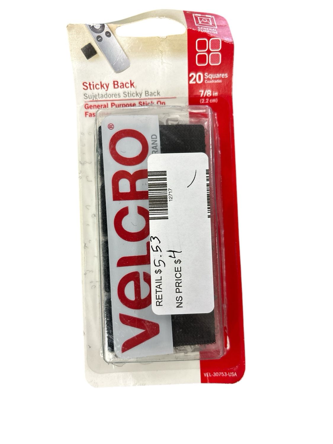 VELCRO 7/8 in. Sticky Back Squares in Black (20-Pack) VEL-30753-USA