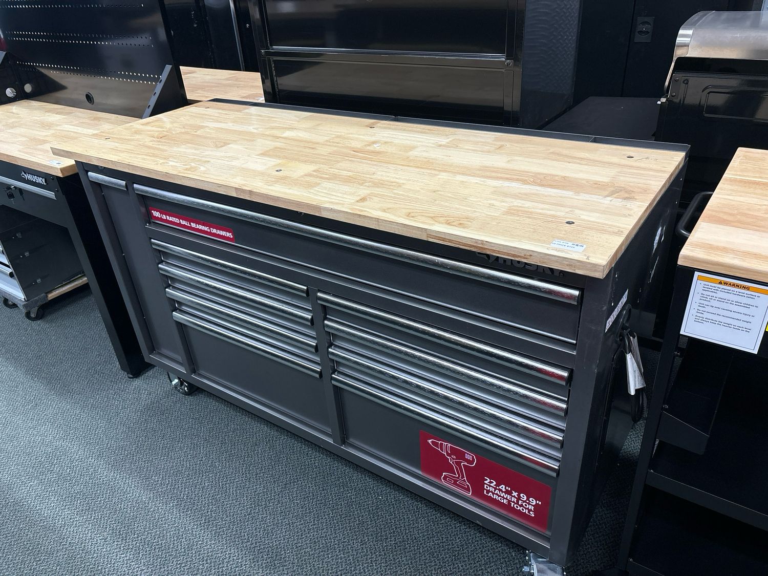 Husky 61 in. W x 24 in. D Standard Duty 10-Drawer Toolbox Mobile Workbench Tool Chest with Sliding Bin Storage Drawer in Silver H61MWC10SR
