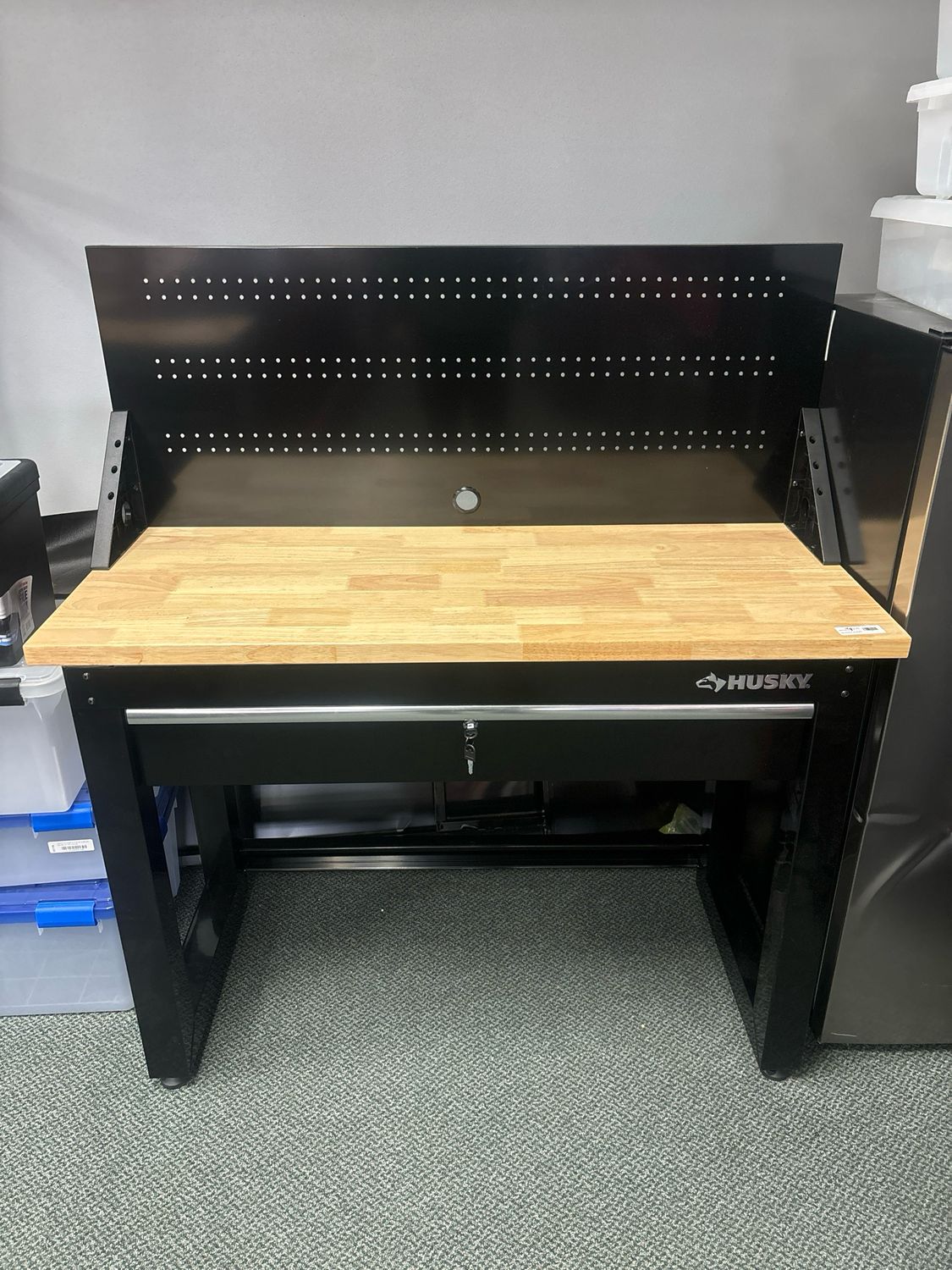 Husky 48 in. W x 20 in. D 1-Drawer Black Workbench with Pegboard and Solid Wood Top G4801S-US .