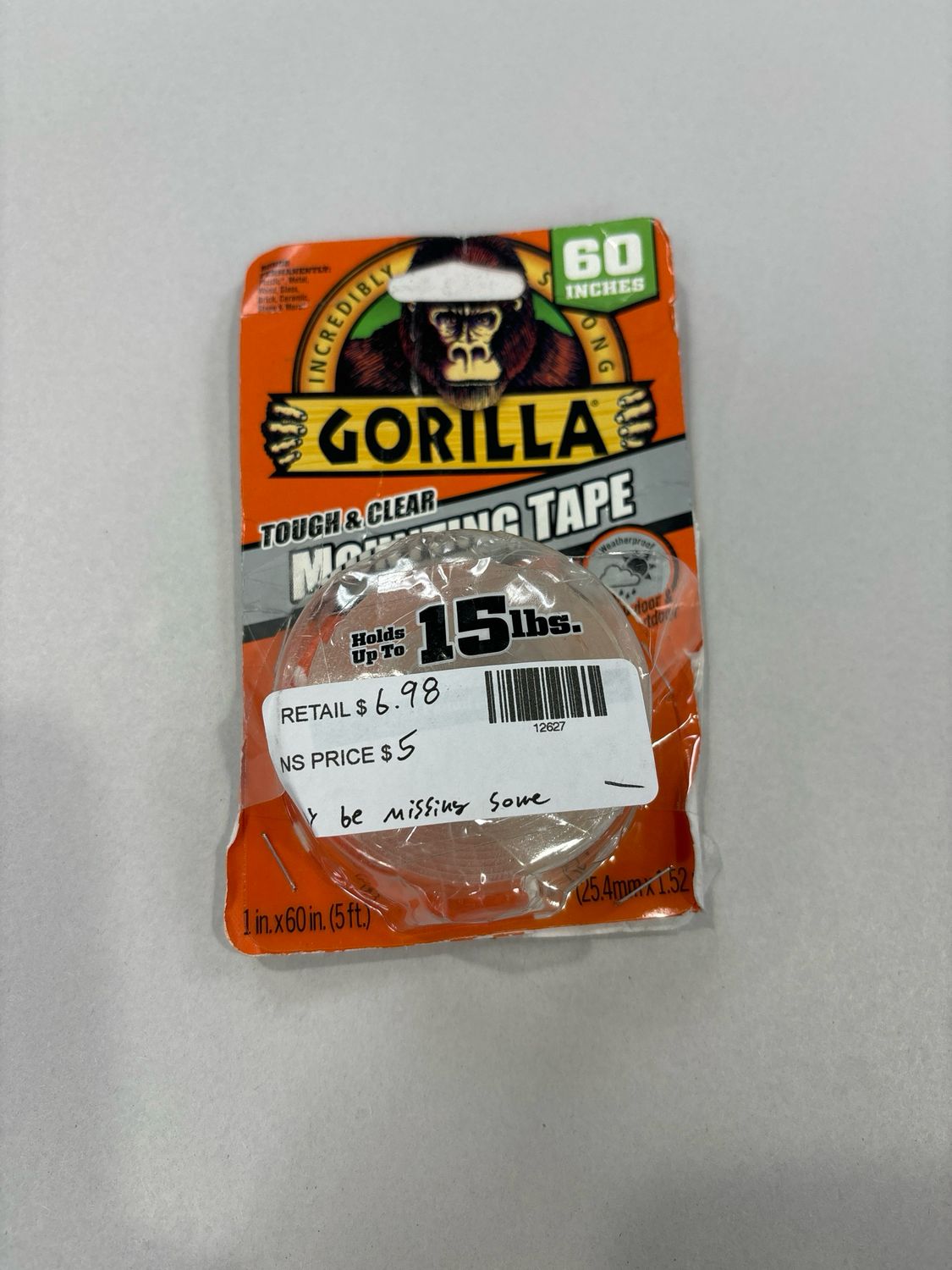 Gorilla 1 in. x 1.67 yds. Tough and Clear Mounting Anti-Slip Double Sided Tape 6065003