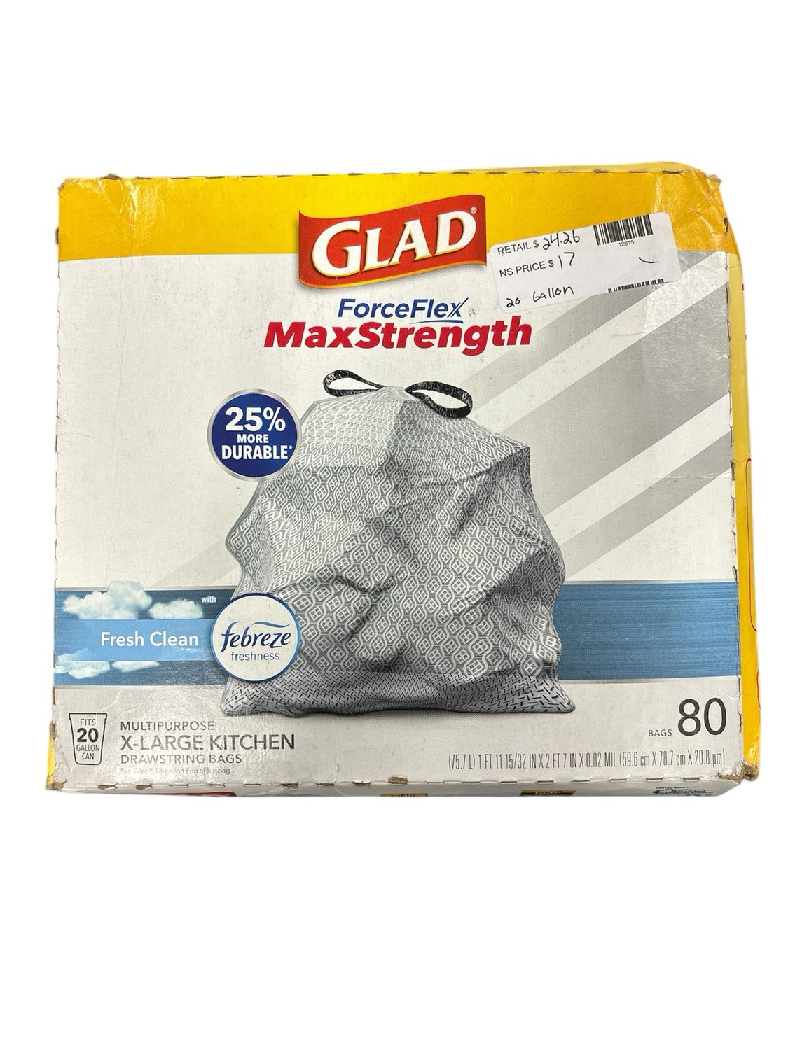 Glad ForceFlex MaxStrength XL Kitchen Trash Bags, 20 Gal, Fresh Clean, 80 Ct