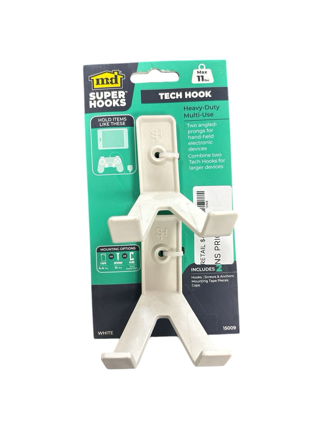 M-D Building Products (2-Pack) Superhooks 2.12 in. White 11 lb. Load Capacity Tech Hook with Multiple Fasteners 15009
