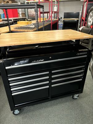 Husky 46 in. x 25 in. D 9-Drawer Mobile Toolbox Workbench with Adjustable Height Wood Top in Gloss Black HOLC4609B11M