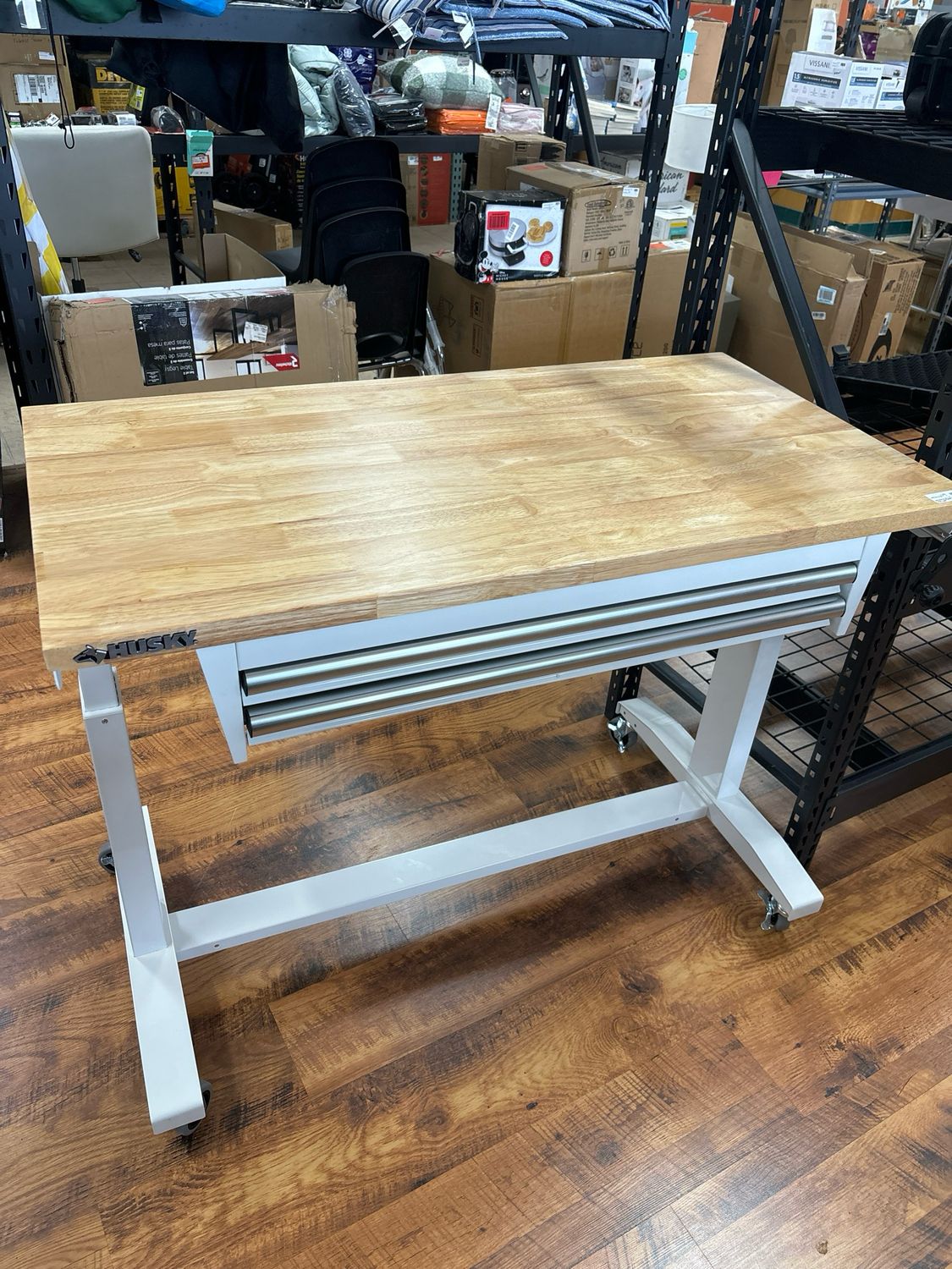 Husky 46 in. W x 24 in. D 2-Drawer Adjustable Height White Worktable with Solid Wood Top HOLT4602BJ2