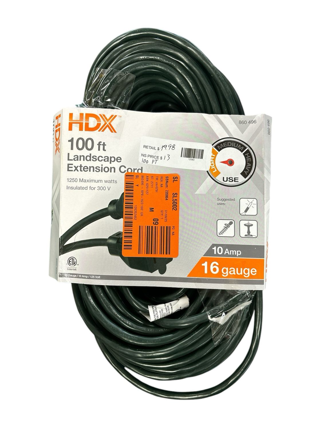 HDX 100 ft. 16/3 Indoor/Outdoor Extension Cord, Green AW62665 .