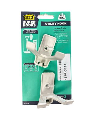 M-D Building Products (2-Pack) Superhooks 1.81 in. White 22 lb. Load Capacity Utility Hook with Multiple Fasteners 15005