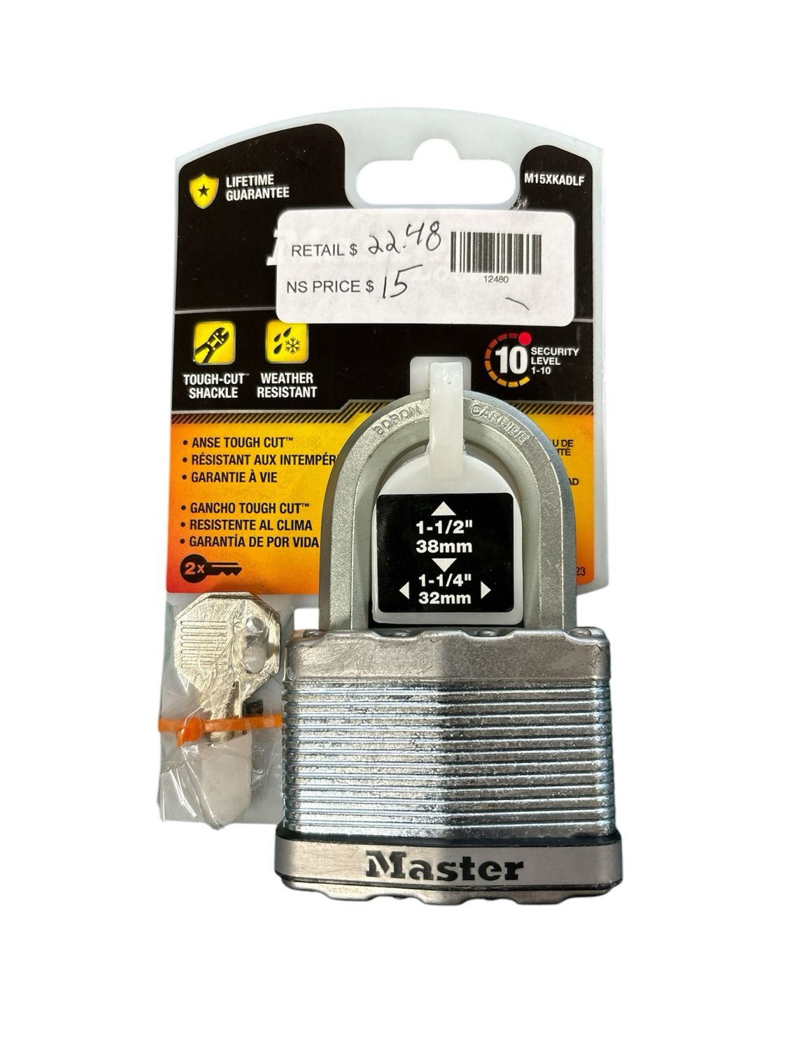 Master Lock Heavy Duty Outdoor Padlock with Key, 2-1/2 in. Wide, 1-1/2 in. Shackle M15XKADLFCCSEN