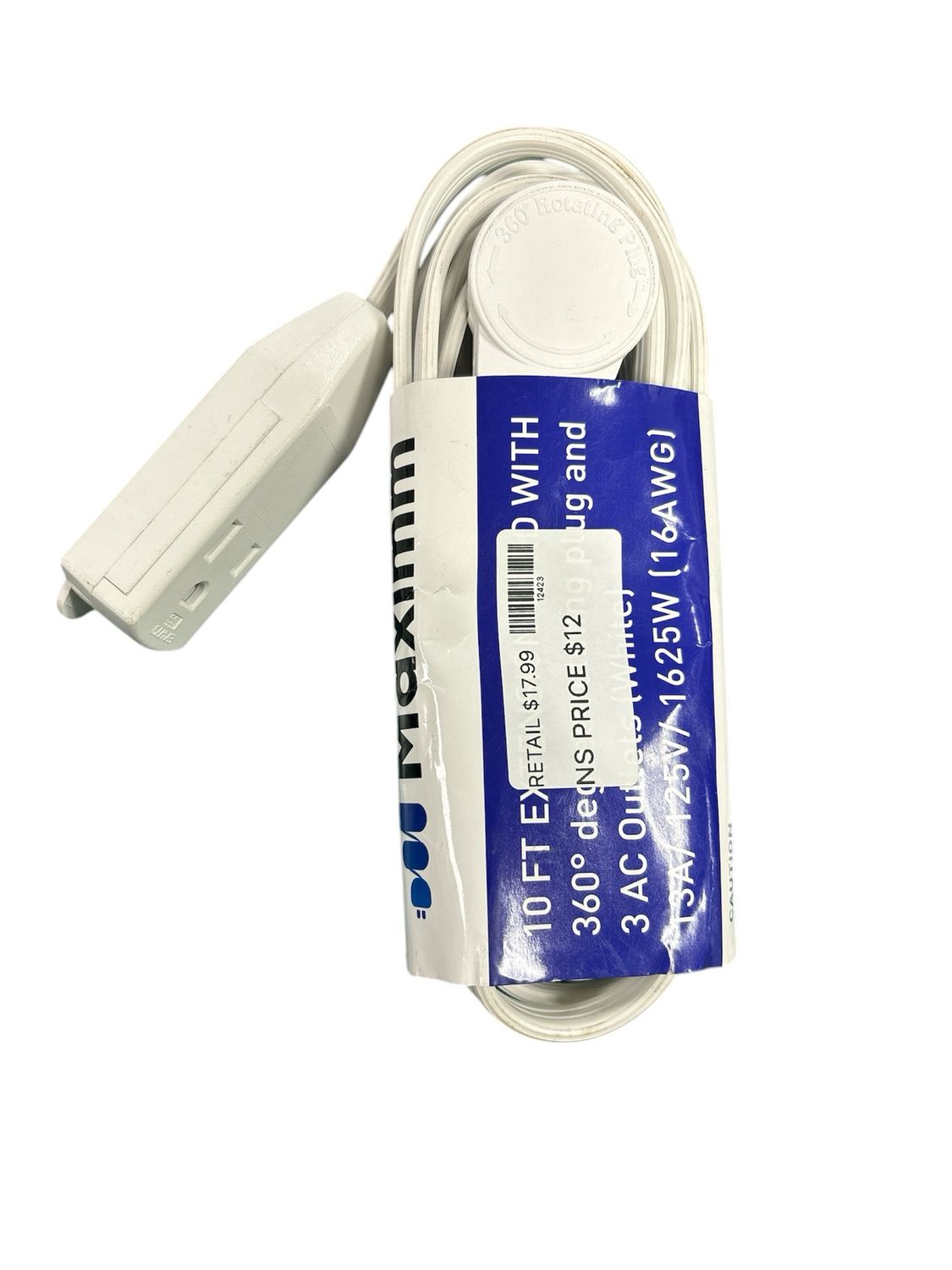 MAXIMM 10 ft. 16/3 Light Duty Indoor Extension Cord with 360° Rotating Flat Plug 3-Outlet, 13 Amp WhiteADW-360-3310-W