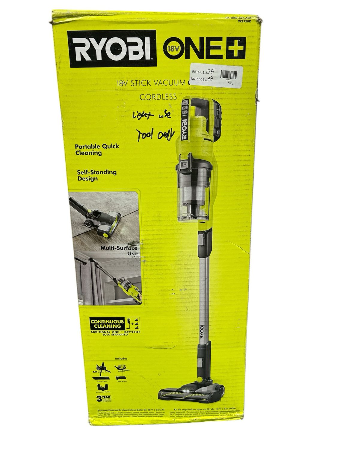 RYOBI ONE+ 18V Bagless Cordless Mesh Filter Stick Vacuum Cleaner (Tool Only) PCL720B