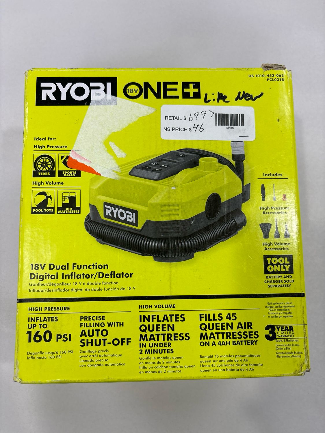 RYOBI ONE+ 18V Cordless Dual Function Inflator/Deflator(Tool Only) PCL031B