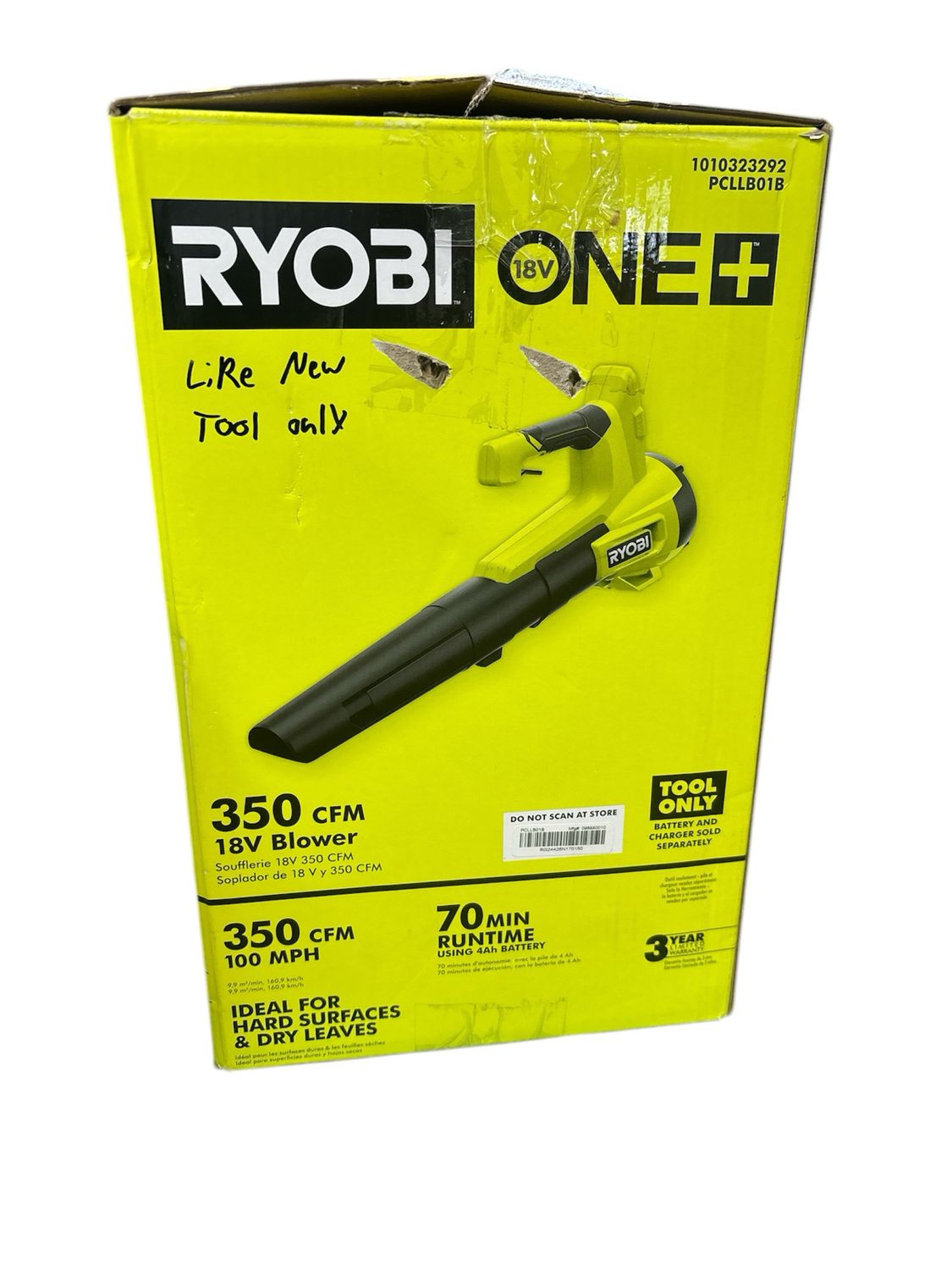 RYOBI ONE+ 18V 100 MPH 350 CFM Cordless Battery Variable-Speed Jet Fan Leaf Blower (Tool Only) PCLLB01B  .