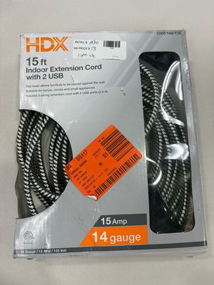 HDX 15 ft. 14/3 Light Duty Indoor Braided Extension Cord with 2 USB-A and 3 Outlets, Black/White FSEX29