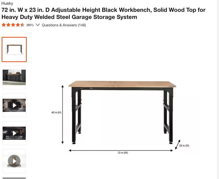 Husky 72 in. W x 24 in. D Adjustable Height Black Workbench for Ready to Assemble Steel Garage Storage System G7200S-US .