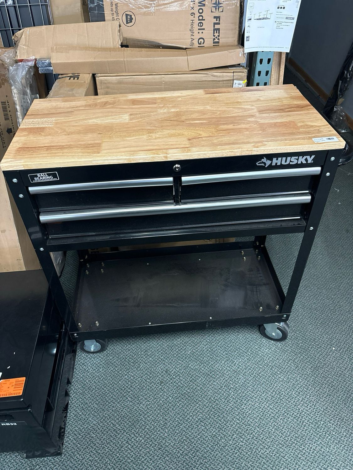 Husky Tool Storage 3-Drawer 36 in. W Standard Duty Gloss Black Rolling Tool Cart with Hardwood Top HOUC3603B1QWK