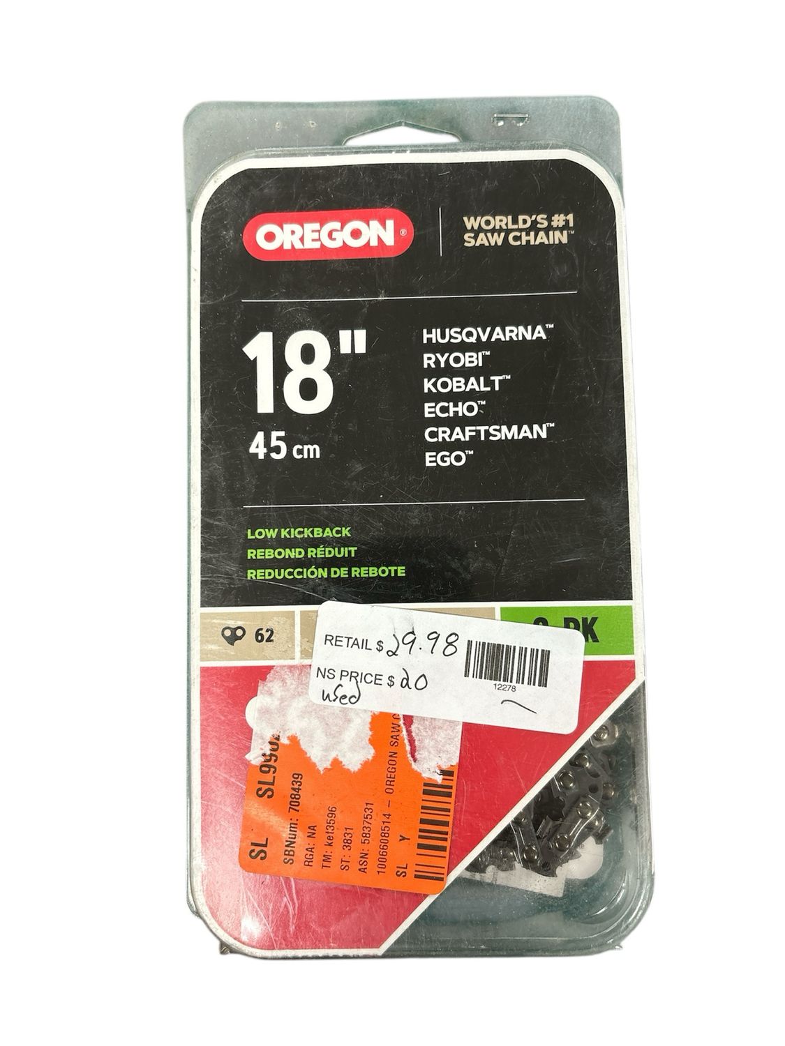 Oregon S62 Chainsaw Chain for 18 in. Bar, Fits Husqvarna, Echo, Poulan, Craftsman, Homelite and More (2-Pack) S62T-21 .