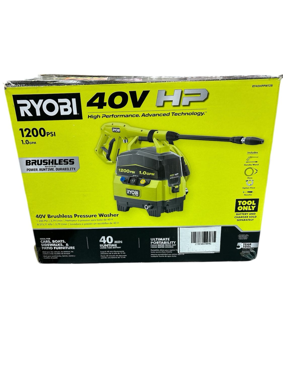 RYOBI 40V 1200 PSI 1.0 GPM Cordless Electric Cold Water Pressure Washer (Tool Only) RY40HPPW12B .