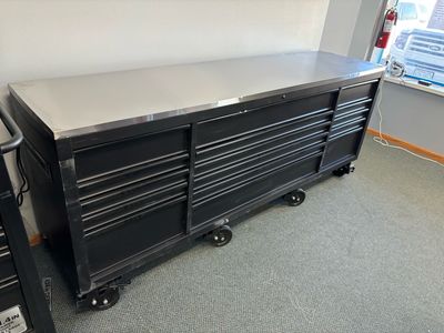 Husky 96 in. W x 24 in. D 16-Drawer Heavy-Duty Toolbox Mobile Workbench with Stainless Steel Top in Matte Black HOTC9616BB1M