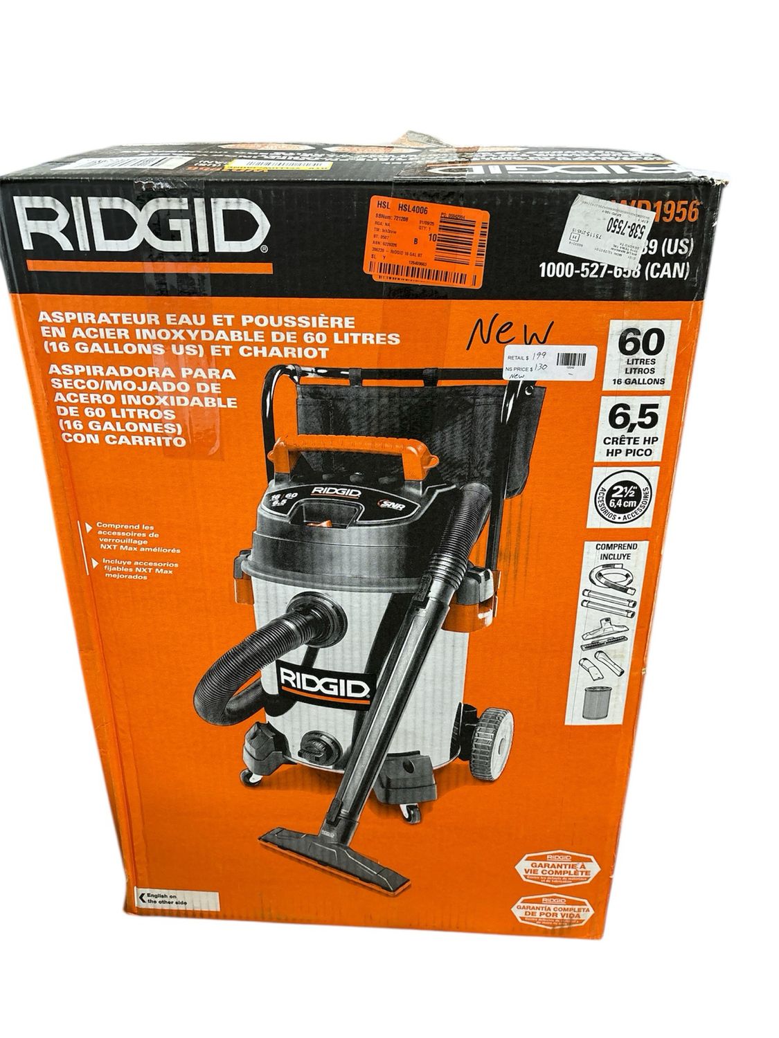 RIDGID 16 Gallon 6.5 Peak HP Stainless Steel Shop Vacuum Wet Dry Vac with Fine Dust Filter, Hose and Accessory Attachments WD1956